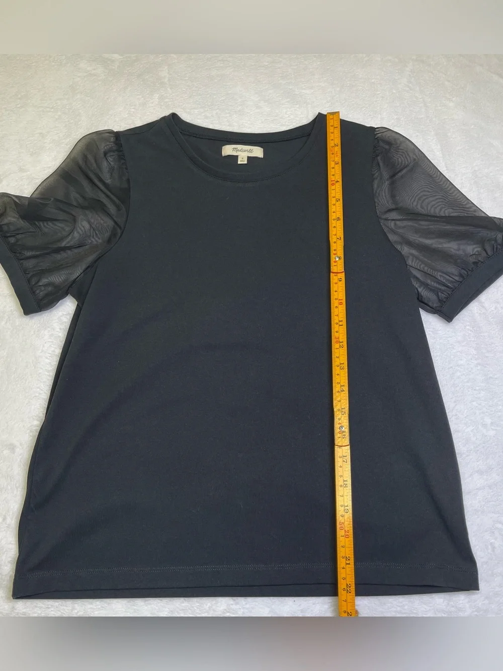 Madewell Black Sheer Puff Mesh Sleeve Crewneck Tee Top Knit Blouse Size Small